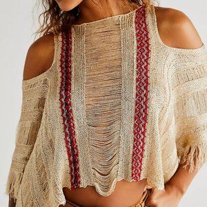 Free People Glitz Poncho Top Crochet Detailing Semi-Sheer Fringe XS/S New